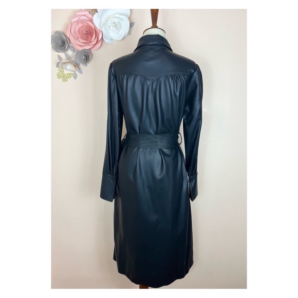 New! GRACIA Puff Sleeve Vegan Leather Trench Coat Midi Dress - Picture 7 of 16